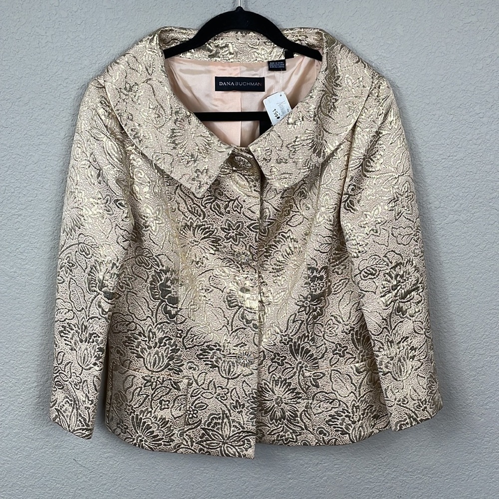 NWT Dana Buchman Floral Metallic Brocade Jacquard Evening Jacket Peach Gold 12